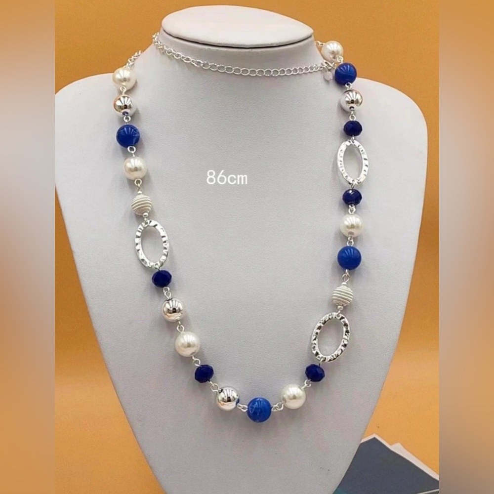 Silver, Pearl and Blue Beaded Necklace